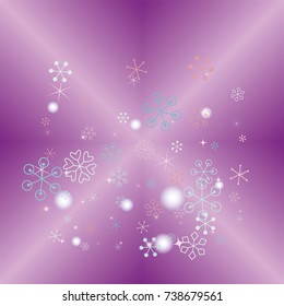 Square Christmas background with random scatter falling colorful snowflakes, blurred lights and sparkles on a lilac gradient background