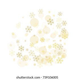 Square Christmas background with random scatter falling golden snowflakes and yellow polka dots isolated on white.