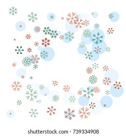 Square Christmas background with random scatter falling colorful snowflakes and blue polka dots isolated on white.