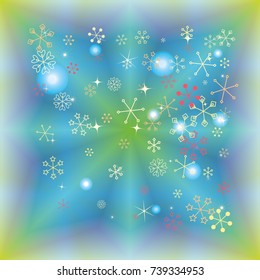 Square Christmas background with random scatter falling colorful snowflakes and bright lights and sparkles on a blue and green background.
