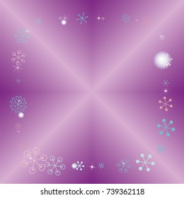 Square Christmas background with random scatter falling colorful snowflakes, blurred lights and sparkles on a lilac gradient background