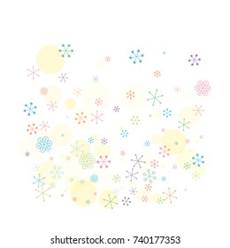 Square Christmas background with random scatter falling colorful snowflakes and yellow polka dots isolated on white.