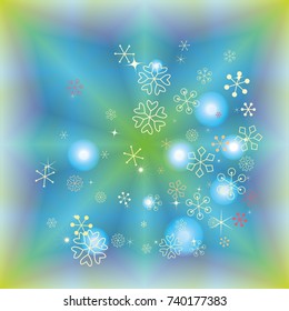 Square Christmas background with random scatter falling colorful snowflakes and bright lights and sparkles on a blue and green background.