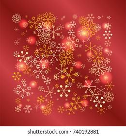 Square Christmas background with random scatter falling golden snowflakes, red blurred lights and sparkles on a red gradient background