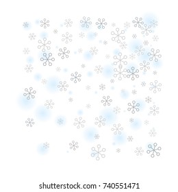Square Christmas background with random scatter falling silver snowflakes and blue blurred dots isolated on white.