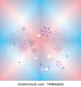 Square Christmas background with random scatter falling colorful snowflakes, bright lights and sparkles on a blue and pink blurred background