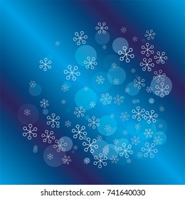 Square Christmas background with random scatter falling silver snowflakes and blue polka dots on a navy blue background.