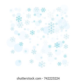Square Christmas background with random scatter falling turquoise snowflakes and blue polka dots isolated on white.