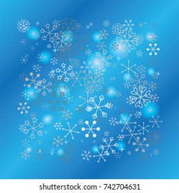 Square Christmas background with random scatter falling silver snowflakes, blue blurred lights and sparkles on a blue background