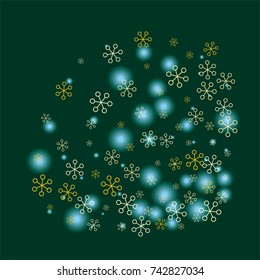 Square Christmas background with random scatter falling golden snowflakes and blue blurred lights on a dark green background.