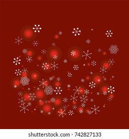 Square Christmas background with random scatter falling silver snowflakes and red blurred lights on a burgundy background.