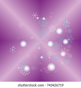 Square Christmas background with random scatter falling colorful snowflakes, blurred lights and sparkles on a lilac gradient background