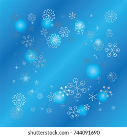 Square Christmas background with random scatter falling silver snowflakes, blue blurred lights and sparkles on a blue background