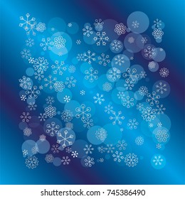 Square Christmas background with random scatter falling silver snowflakes and blue polka dots on a navy blue background.