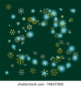 Square Christmas background with random scatter falling golden snowflakes and blue blurred lights on a dark green background.