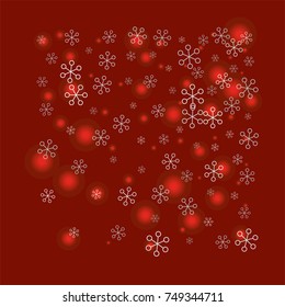 Square Christmas background with random scatter falling silver snowflakes and red blurred lights on a burgundy background.
