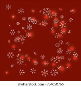 Square Christmas background with random scatter falling silver snowflakes and red blurred lights on a burgundy background.
