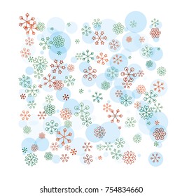Square Christmas background with random scatter falling colorful snowflakes and blue polka dots isolated on white.