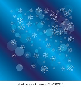 Square Christmas background with random scatter falling silver snowflakes and blue polka dots on a navy blue background.