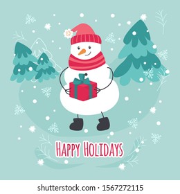 Square Christmas banner. Cheerful Snowman with a gift in his hands. Vector illustration