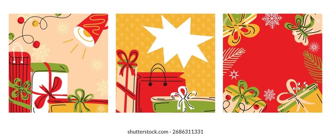 Square Christmas banner, post set with gift boxes, sale tags, pine branches, and lights. Festive design for winter promotions, postcards, packaging, and seasonal advertising