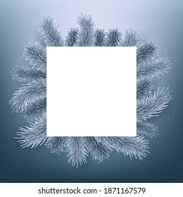 Square Christmas blank banner decorated with silver fir tree branches, vector illustration