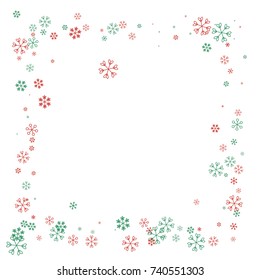 Square Christmas border or frame with random scatter falling red and green snowflakes isolated on white.
