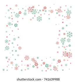 Square Christmas border or frame with random scatter falling red and green snowflakes isolated on white.