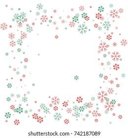 Square Christmas border or frame with random scatter falling red and green snowflakes isolated on white.