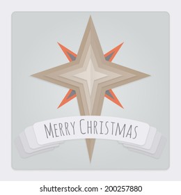 Square Christmas card with a 3d layered folded paper Star design and a banner with a Merry Christmas Message. This Vector is EPS10 and uses transparencies, clipping masks, gradient mesh and blends. 