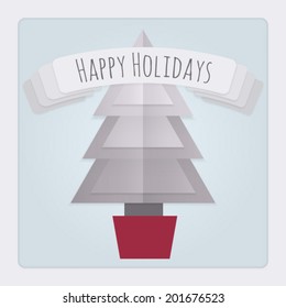 Square Christmas card with a 3d layered folded paper Tree design and a banner with a Happy Holidays Message. This Vector is EPS10 and uses transparencies, clipping masks, gradient mesh and blends. 