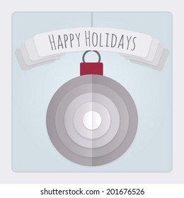 Square Christmas card with a 3d layered folded paper Bauble design and a banner with a Happy Holidays Message. This Vector is EPS10 and uses transparencies, clipping masks, gradient mesh and blends. 