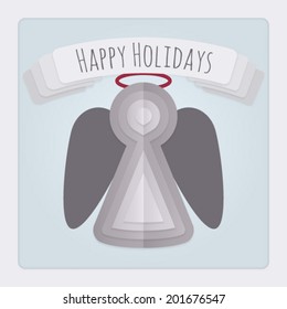 Square Christmas card with a 3d layered folded paper angel design and a banner with a Happy Holidays Message. This Vector is EPS10 and uses transparencies, clipping masks, gradient mesh and blends. 