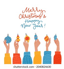 Square Christmas card decorated with raised female hands holding Christmas baublea and balls. Women's arms decorate the Christmas tree. Flat vector in cartoon style on white background with lettering