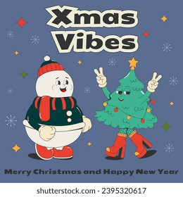 A square Christmas card, a party invitation, a poster, a print with cartoon groovy characters: a snowman and a Christmas tree. Vector illustration in retro style of old comics of the 50s-60s.