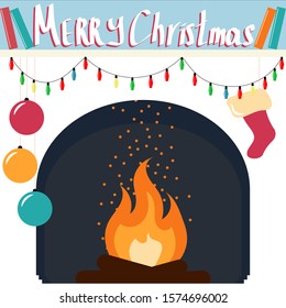 
square Christmas card with a picture of a fireplace, fire, sock, garlands, books, toys. vector illustration