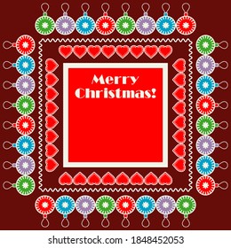 Square Christmas card with toys and text. Red-brown background. Happy holiday. Vector illustration for web design or print.