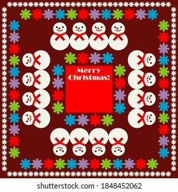 Square Christmas card with toys and text. Red-brown background. Happy holiday. Vector illustration for web design or print.