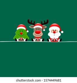 Square Christmas Card Tree Reindeer And Santa Claus Dark Green