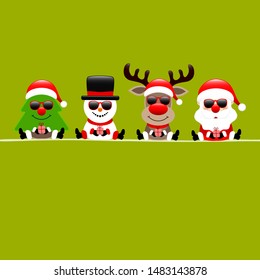 Square Christmas Card Tree Snowman Reindeer And Santa Sunglasses Light Green
