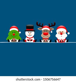 Square Christmas Card Tree Snowman Reindeer And Santa Dark Blue