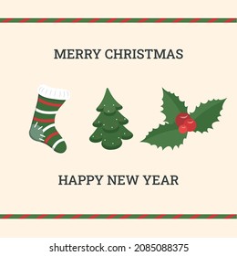 A square Christmas card with a Christmas tree, a sock and a branch of holly. Vector illustration.