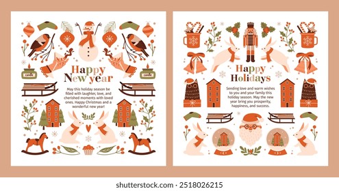Square Christmas cards with greetings, pattern of cute decorative elements, christmas tree, santa claus, nutcracker, winter landscape, house, sledge, socks, rabbits. Scandinavian ornament. Invitation