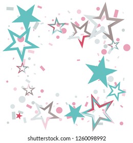 Square Christmas colorful stars confetti falling, isolated on white. Magic shining flying stars and glitter dots sparkle cosmic backdrop