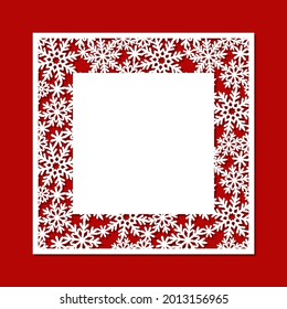 Square Christmas empty blank with a carved pattern. Openwork border of snowflakes. Template for New Year greeting card, invitation, winter certificate. Vector layout for plotter laser cutting, cnc.