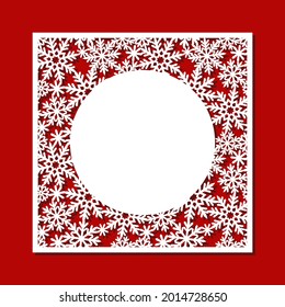 Square Christmas empty blank with a carved pattern. Openwork border of snowflakes. Template for New Year greeting card, invitation, winter certificate. Vector layout for plotter laser cutting, cnc.
