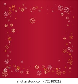 Square Christmas frame or border with random scatter falling golden snowflakes isolated on a red gradient background
