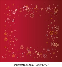 Square Christmas frame or border with random scatter falling golden snowflakes isolated on a red gradient background