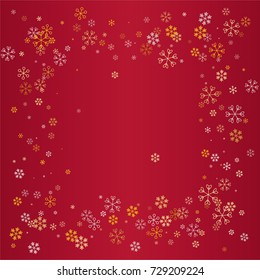 Square Christmas frame or border with random scatter falling golden snowflakes isolated on a red gradient background