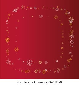 Square Christmas frame or border with random scatter falling golden snowflakes isolated on a red gradient background